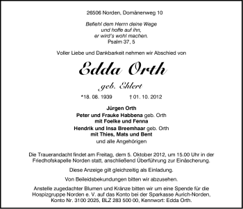 Traueranzeige von Edda Orth von Ostfriesischer Kurier