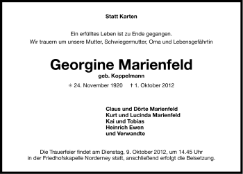 Traueranzeige von Georgine Marienfeld von Ostfriesischer Kurier