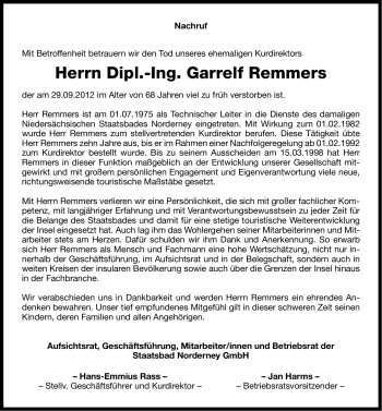 Traueranzeige von Garrelf Remmers von Ostfriesischer Kurier