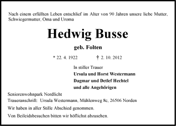 Traueranzeige von Hedwig Busse von Ostfriesischer Kurier