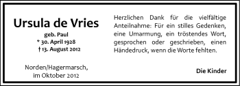 Traueranzeige von Ursula de Vries von Ostfriesischer Kurier