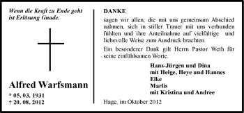 Traueranzeige von Alfred Warfsmann von Ostfriesischer Kurier