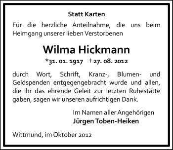 Traueranzeige von Wilma Hickmann von Ostfriesischer Kurier