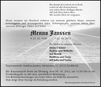 Traueranzeige von Menno Janssen von Ostfriesischer Kurier
