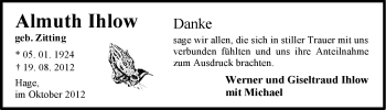 Traueranzeige von Almuth Ihlow von Ostfriesischer Kurier