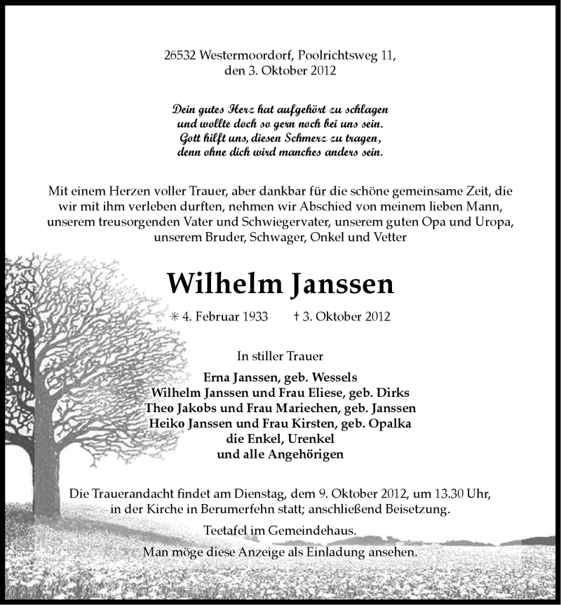  Traueranzeige für Wilhelm Janssen vom 05.10.2012 aus Ostfriesischer Kurier
