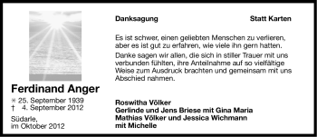 Traueranzeige von Ferdinand Anger von Ostfriesischer Kurier