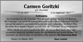 Traueranzeige von Carmen Goritzki von Ostfriesischer Kurier