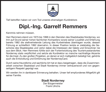Traueranzeige von Garrelf Remmers von Ostfriesischer Kurier