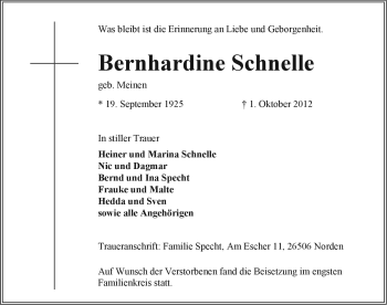 Traueranzeige von Bernhardine Schnelle von Ostfriesischer Kurier