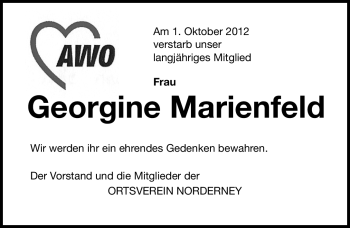 Traueranzeige von Georgine Marienfeld von Ostfriesischer Kurier