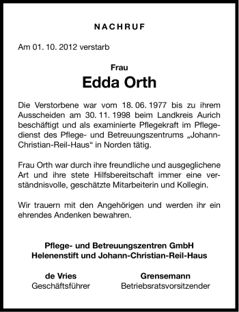 Traueranzeige von Edda Orth von Ostfriesischer Kurier