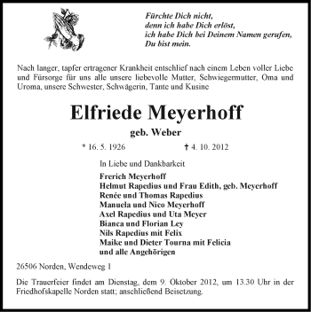 Traueranzeige von Elfriede Meyerhoff von Ostfriesischer Kurier