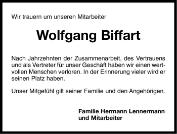 Traueranzeige von Wolfgang Biffart von Ostfriesischer Kurier