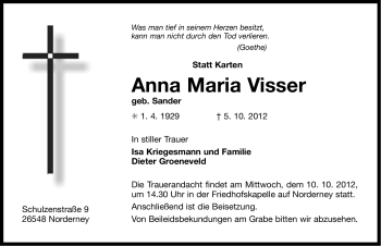 Traueranzeige von Anna Maria Visser von Ostfriesischer Kurier