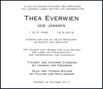 Traueranzeige von Thea Everwien von Ostfriesischer Kurier