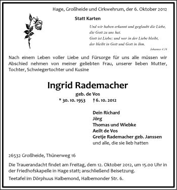 Traueranzeige von Ingrid Rademacher von Ostfriesischer Kurier