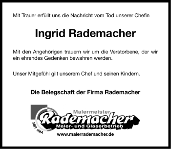 Traueranzeige von Ingrid Rademacher von Ostfriesischer Kurier