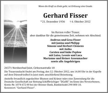 Traueranzeige von Gerhard Fisser von Ostfriesischer Kurier