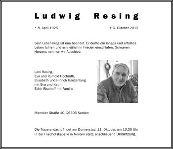 Traueranzeige von Ludwig Resing von Ostfriesischer Kurier