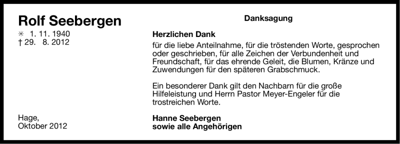  Traueranzeige für Rolf Seebergen vom 13.10.2012 aus Ostfriesischer Kurier