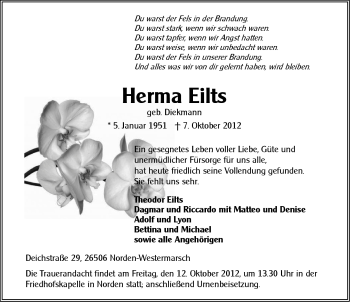 Traueranzeige von Herma Eilts von Ostfriesischer Kurier