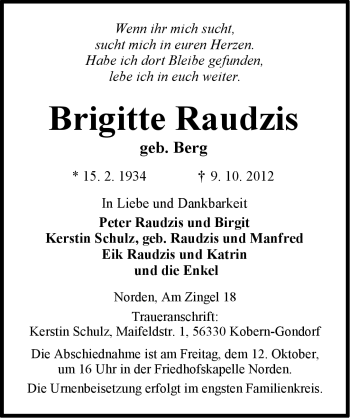Traueranzeige von Brigitte Raudzis von Ostfriesischer Kurier