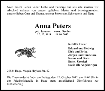 Traueranzeige von Anna Peters von Ostfriesischer Kurier