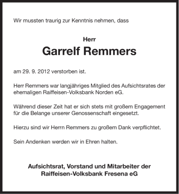 Traueranzeige von Garrelf Remmers von Ostfriesischer Kurier