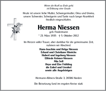 Traueranzeige von Herma Niessen von Ostfriesischer Kurier
