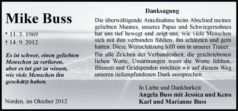  Traueranzeige für Mike Buss vom 13.10.2012 aus Ostfriesischer Kurier