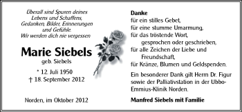 Traueranzeige von Marie Siebels von Ostfriesischer Kurier