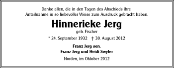 Traueranzeige von Hinnerke Jerg von Ostfriesischer Kurier