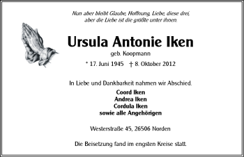 Traueranzeige von Ursula Antonie Iken von Ostfriesischer Kurier