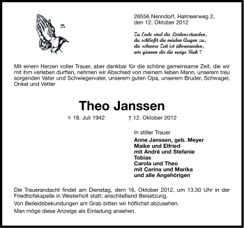 Traueranzeige von Theo Janssen von Ostfriesischer Kurier