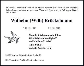 Traueranzeige von Wilhelm Bröckelmann von Ostfriesischer Kurier