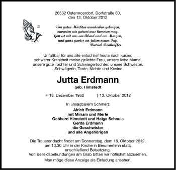 Traueranzeige von Jutta Erdmann von Ostfriesischer Kurier