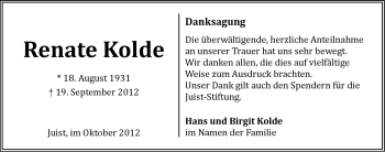 Traueranzeige von Renate Kolde von Ostfriesischer Kurier