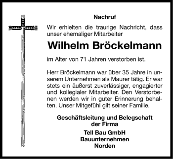 Traueranzeige von Wilhelm Bröckelmann von Ostfriesischer Kurier