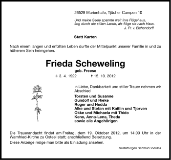 Traueranzeige von Frieda Scheweling von Ostfriesischer Kurier