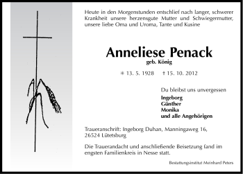 Traueranzeige von Anneliese Penack von Ostfriesischer Kurier