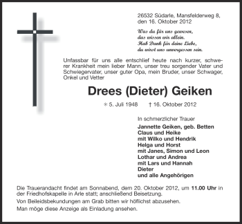 Traueranzeige von Drees Geiken von Ostfriesischer Kurier