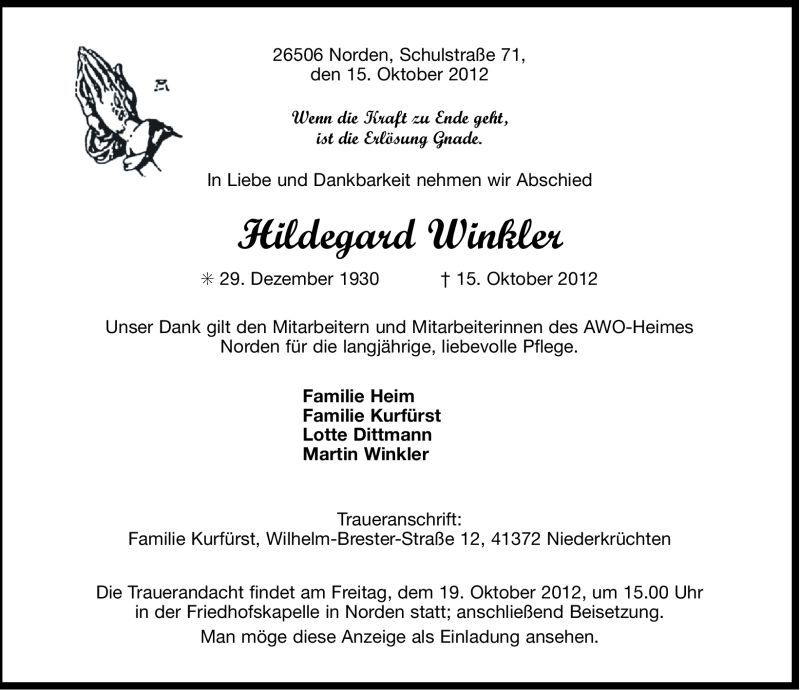 Traueranzeigen von Hildegard Winkler | OK-Trauer.de