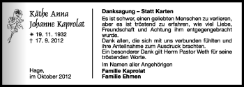 Traueranzeige von Käthe Anna Johanne Kaprolat von Ostfriesischer Kurier