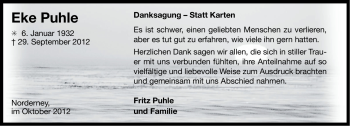 Traueranzeige von Eke Puhle von Ostfriesischer Kurier