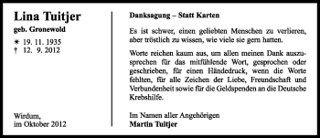 Traueranzeige von Lina Tuitjer von Ostfriesischer Kurier