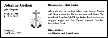 Traueranzeige von Johanne Geiken von Ostfriesischer Kurier