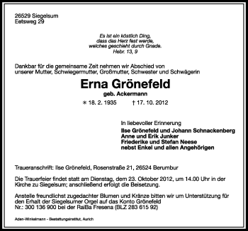 Traueranzeige von Erna Grönefeld von Ostfriesischer Kurier