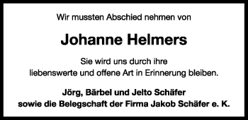 Traueranzeige von Johanne Helmers von Ostfriesischer Kurier