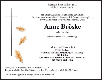 Traueranzeige von Anne Bröske von Ostfriesischer Kurier
